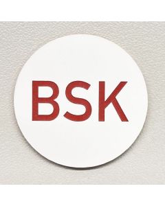 Resopalschild rund Ø 30 mm, weiß-rot, selbstklebend, „BSK“ graviert